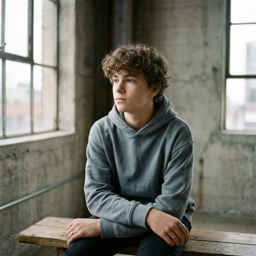 Teenager in hoodie looking away thoughtfully